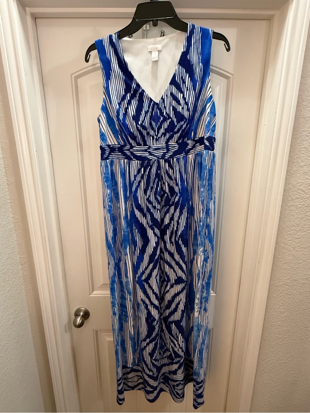Chico's Blue & White V-Neck Printed Maxi Dress size 1/M